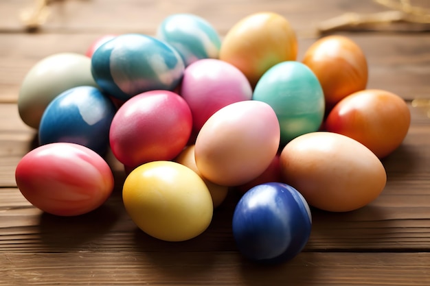 Feliz día de Pascua con huevos pintados de colores en la canasta o nido en fondo de madera o espacio de copia