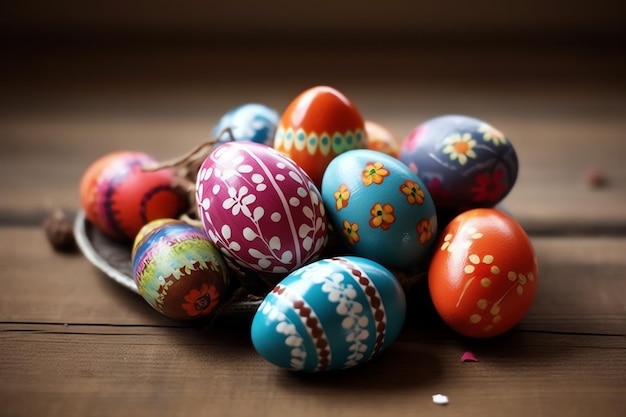 Feliz día de Pascua con huevos pintados de colores en la canasta o nido en fondo de madera o espacio de copia