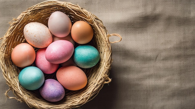 Feliz día de Pascua con huevos pintados de colores en la canasta o nido en fondo de madera o espacio de copia