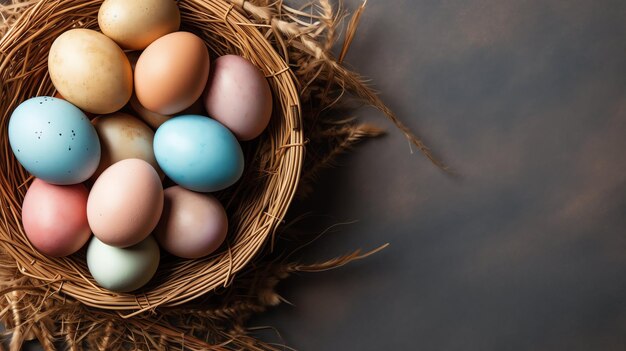 Feliz día de Pascua con huevos pintados de colores en la canasta o nido en fondo de madera o espacio de copia