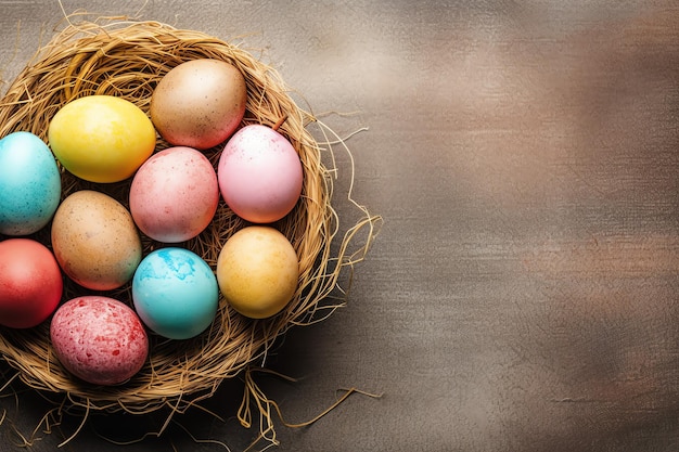 Feliz día de Pascua con huevos pintados de colores en la canasta o nido en fondo de madera o espacio de copia