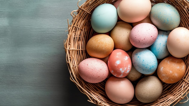 Feliz día de Pascua con huevos pintados de colores en la canasta o nido en fondo de madera o espacio de copia