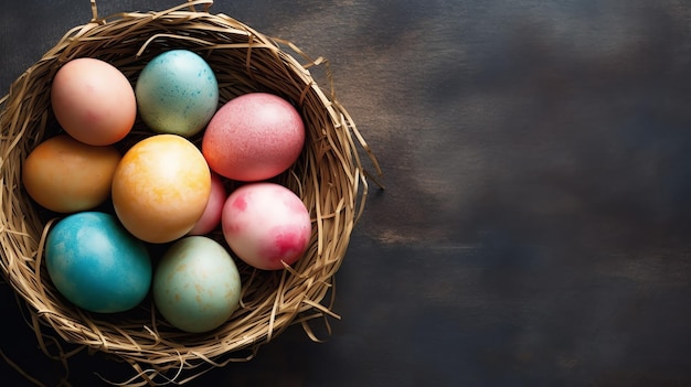 Feliz día de Pascua con huevos pintados de colores en la canasta o nido en fondo de madera o espacio de copia