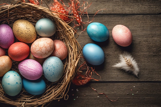 Feliz día de Pascua con huevos pintados de colores en la canasta o nido en fondo de madera o espacio de copia