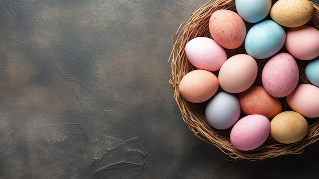 Feliz día de Pascua con huevos pintados de colores en la canasta o nido en fondo de madera o espacio de copia