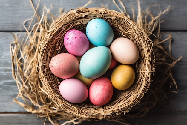 Feliz día de Pascua con huevos pintados de colores en la canasta o nido en fondo de madera o espacio de copia