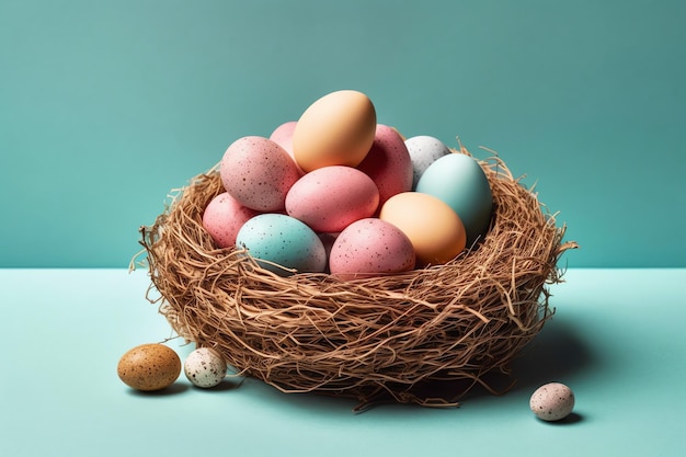 Feliz día de Pascua con huevos pintados de colores en la canasta o nido en fondo de madera o espacio de copia