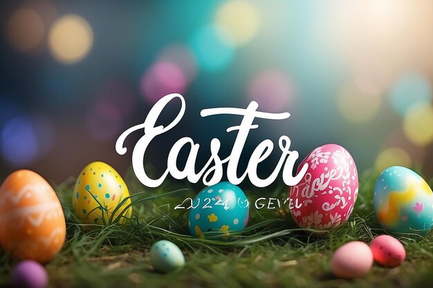 Feliz día de Pascua texto huevos blancos azules amarillos y polluelos amarillos conejo sobre un fondo de madera azul