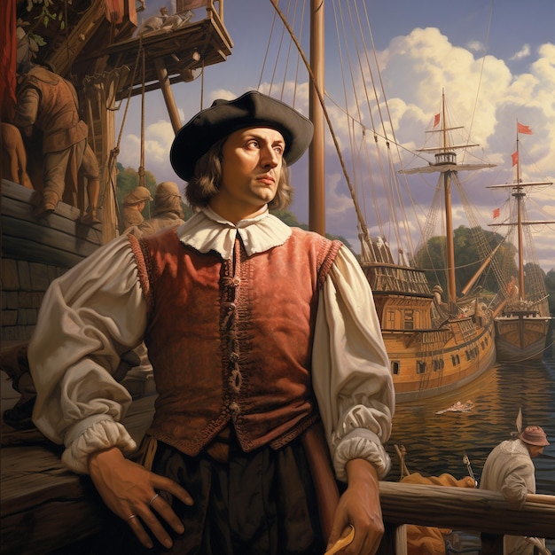 Feliz día de la Raza, una celebración en honor al aniversario del descubrimiento de América por Cristóbal Colón, barco con bandera de los Estados Unidos, piratas del océano.