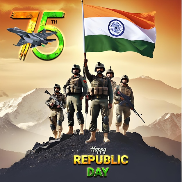 Feliz Día de la República con un soldado sosteniendo la bandera de la India