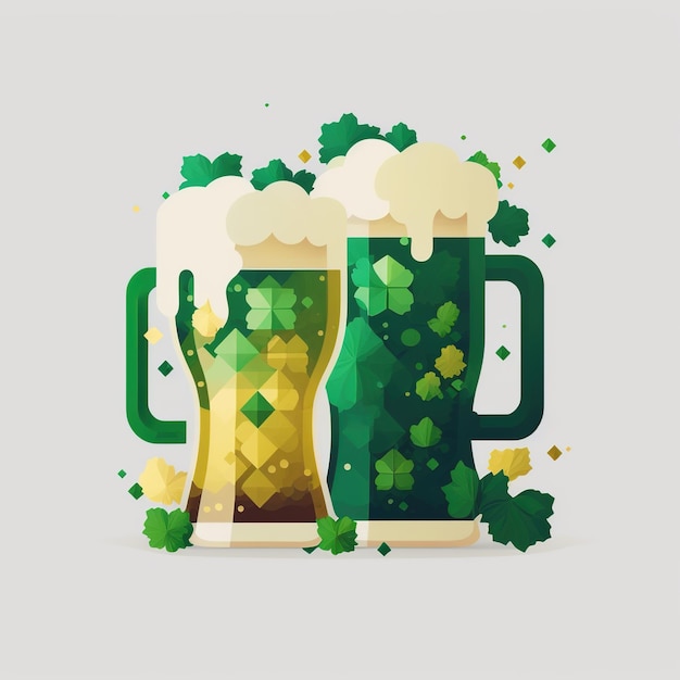 Feliz día de San Patricio ilustración trébol deja jarra de cerveza y sombrero