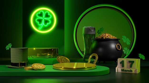 Feliz Día de San Patricio saludo Podio, vaso de cerveza y sombrero verde sobre fondo verde brillante. representación 3d