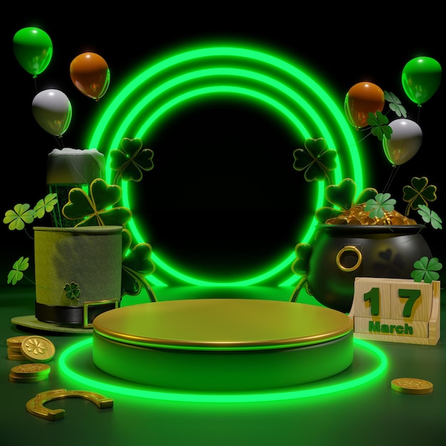 Foto feliz día de san patricio saludo podium vaso de cerveza y sombrero verde sobre fondo verde brillante 3d rendering