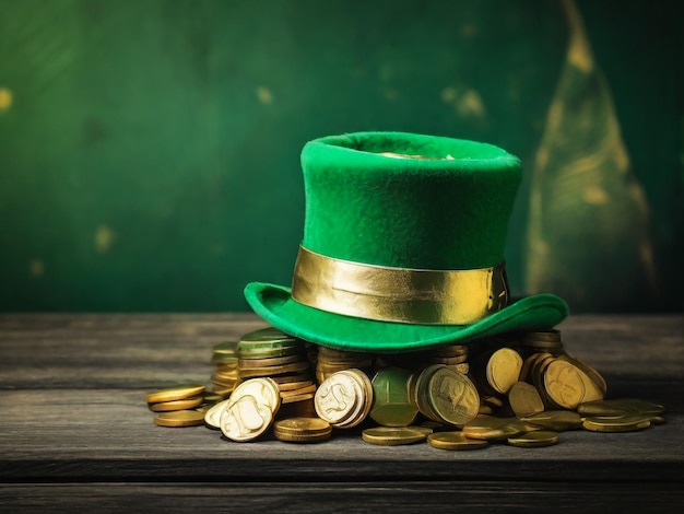 Feliz día de San Patricio sombrero leprechaun con monedas de chocolate de oro en estilo vintage con fondo de madera verde