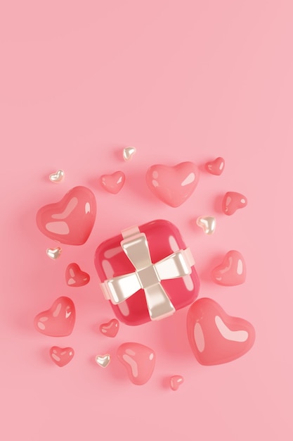 Feliz día de san valentín caja de regalo rosa en rosa pastel y fondo romántico representación 3d