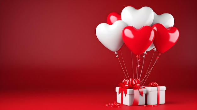 Feliz día de San Valentín caja de regalos y globos en forma de corazón de fondo bokeh rojo con espacio de copia