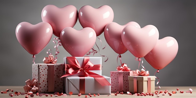 Feliz día de San Valentín decoración del podio con caja de regalo de globo en forma de corazón confeti