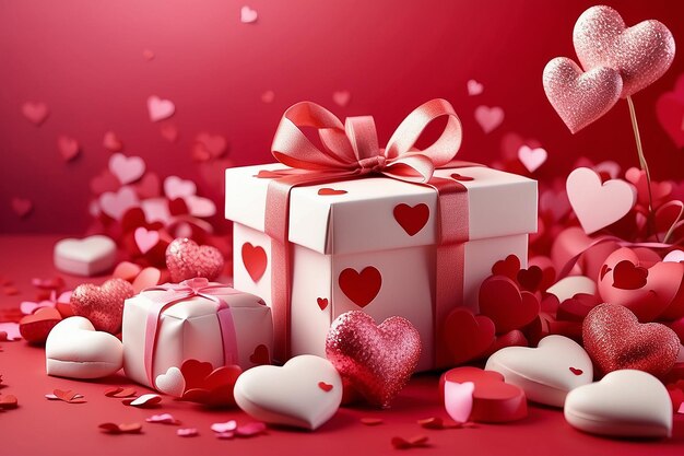 Feliz día de San Valentín, dulces corazones y caja de regalo o fondo para el concepto del día de San Valentín