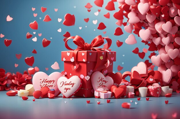 Feliz día de San Valentín, dulces corazones y caja de regalo o fondo para el concepto del día de San Valentín