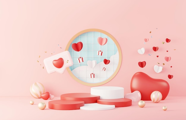 Feliz Día de San Valentín Escena de amor dulce mínima con podio de exhibición para maqueta y presentación de marca de producto Soporte de pedestal rosa Lindo fondo de corazón encantador Estilo de diseño del día de amor Render 3D