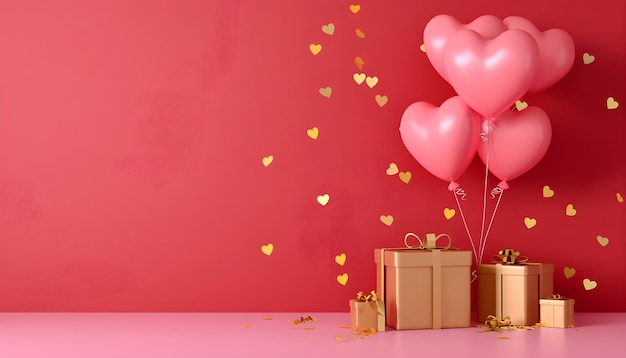 Feliz día de San Valentín, estandarte de amor, ilustración, tarjeta de felicitación, globos de corazón rosa y caja de regalo de oro.