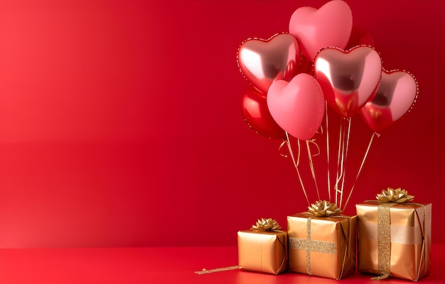 Feliz día de San Valentín estandarte ilustración tarjeta de felicitación globos de corazón rosa y mesa de caja de regalos de oro