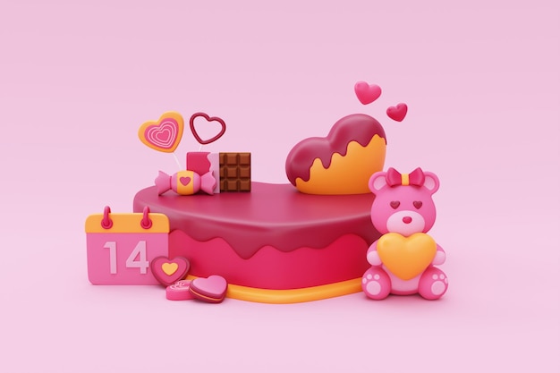 Feliz día de San Valentín Exhibición de pastel en forma de corazón con globos de corazón de oso de peluche presenta chocolate de caramelo de calendario y decoración de elementos para San Valentín en renderizado 3d