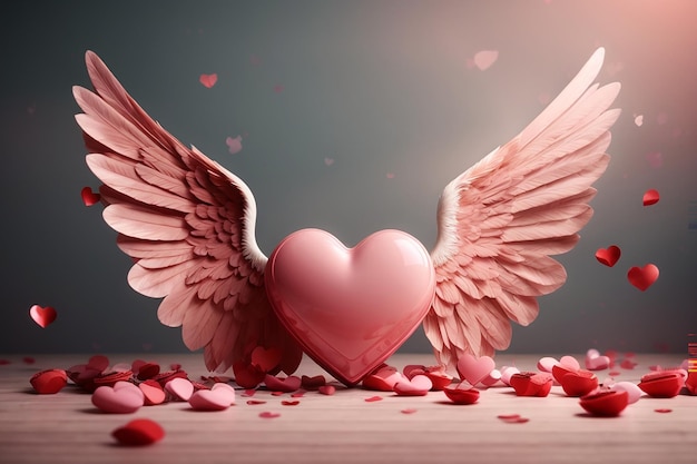 Feliz día de San Valentín fondo con el corazón ala copia espacio texto ilustración de renderización 3D