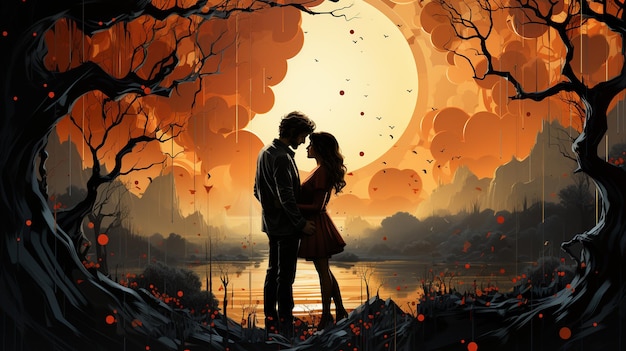 feliz día de San Valentín fondo, pareja enamorada en el bosque de otoño. ilustración vectorial