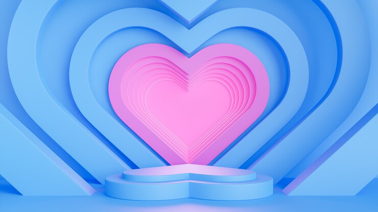 Feliz día de San Valentín con forma de corazón de podio azul para presentación de producto y composición 3d.
