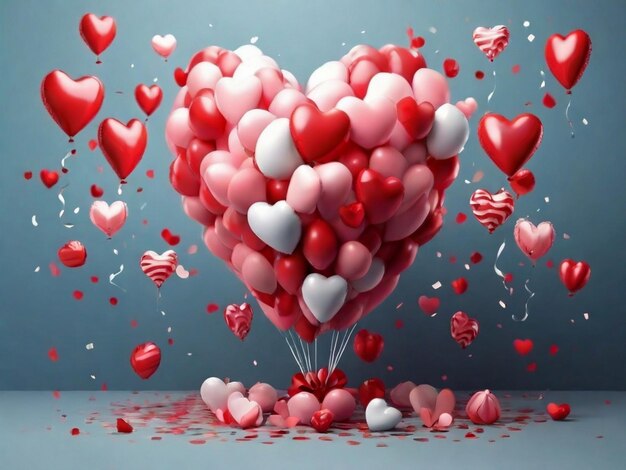 Feliz día de San Valentín con globos de aire en forma de corazón y confeti