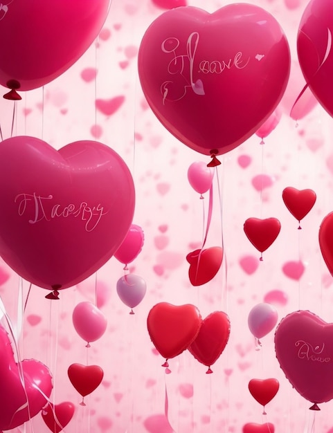 Feliz día de San Valentín con globos de aire en forma de corazón y confeti