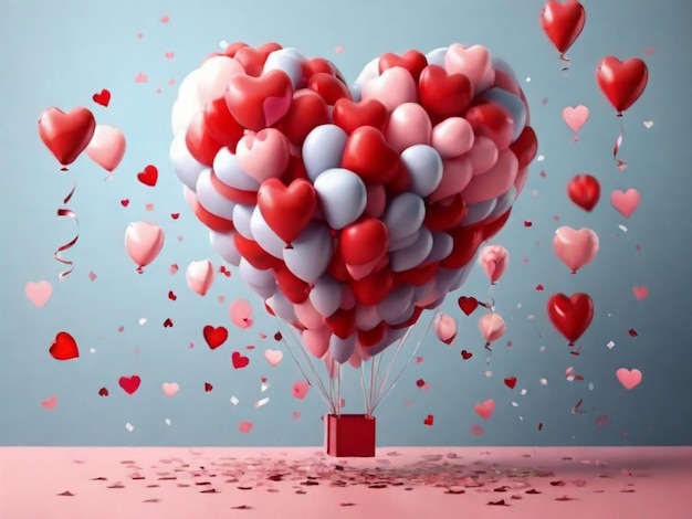 Feliz día de San Valentín con globos de aire en forma de corazón y confeti