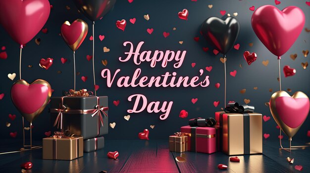 Feliz día de San Valentín con globos y regalos