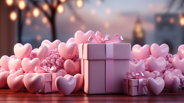 Feliz día de San Valentín con hermosos regalos bonito color rosa corazón de amor en 3D