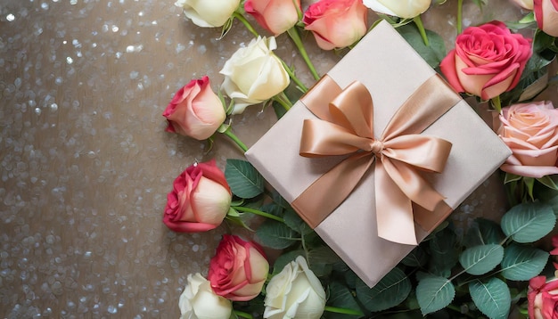 Feliz día de San Valentín pancartas vista superior en la caja de regalos y el arco con un hermoso telón de fondo de rosas