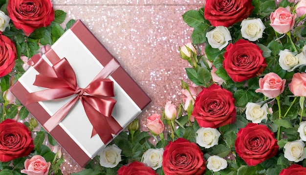 Feliz día de San Valentín pancartas vista superior en la caja de regalos y el arco con un hermoso telón de fondo de rosas