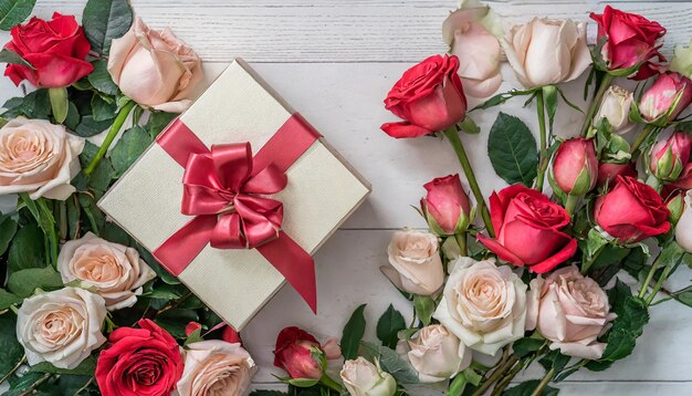 Feliz día de San Valentín pancartas vista superior en la caja de regalos y el arco con un hermoso telón de fondo de rosas