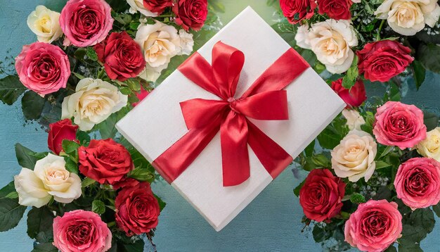 Feliz día de San Valentín pancartas vista superior en la caja de regalos y el arco con un hermoso telón de fondo de rosas