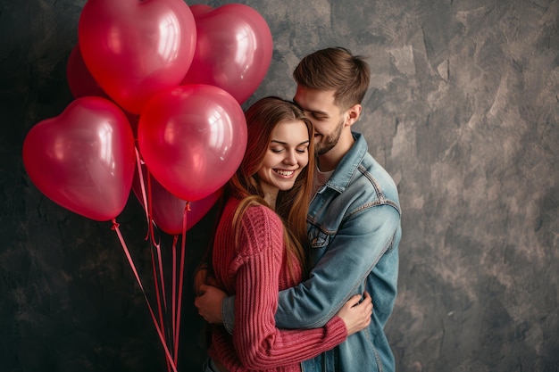 Feliz día de San Valentín con una pareja amorosa y globos en forma de corazón