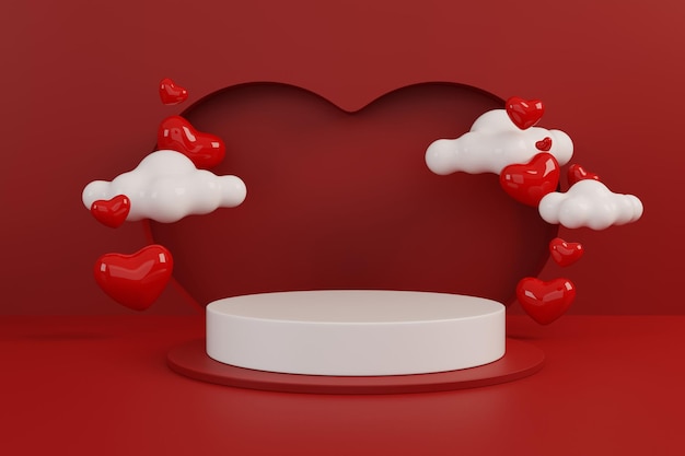 Feliz día de san valentín podio para la presentación del producto en rojo fondo romántico 3d render