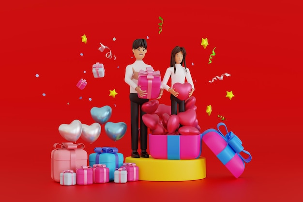 Feliz día de san valentín tarjeta de felicitación banner amor pareja hombre y mujer con caja de regalo globo 3D render