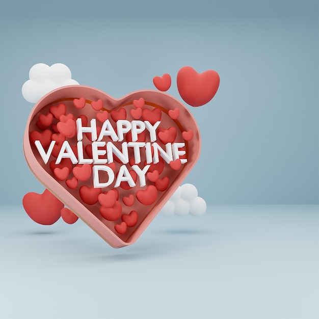 Feliz día de San Valentín de texto 3d y corazón en cuadro de corazón sobre fondo de cielo azul. Representación 3d