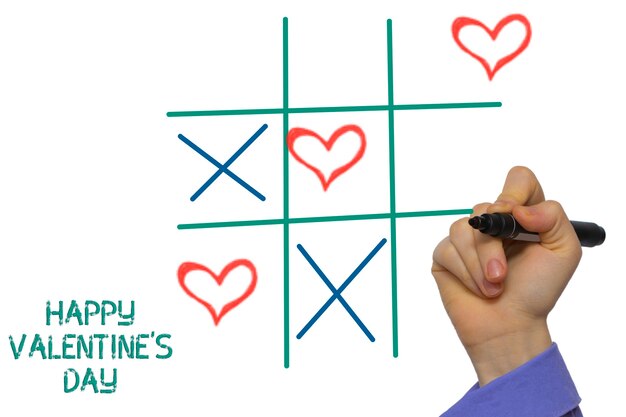 Foto feliz día de san valentín tic-tac-toe por xoxo escrito en la pizarra blanca