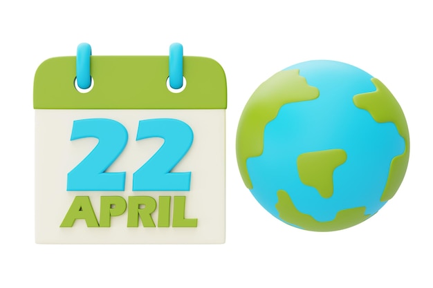 Feliz día de la tierra con globo terráqueo y calendarioDía mundial del medio ambienteRepresentación 3d