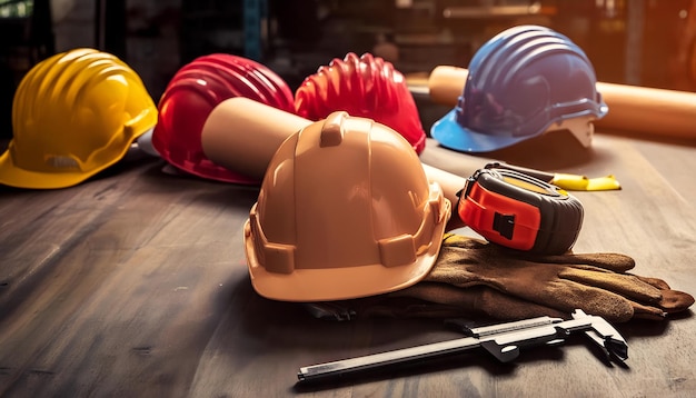 Feliz Día del Trabajo con herramientas de trabajo Casco día internacional de los trabajadores con herramientas de ingeniería