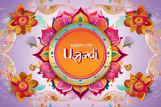 Feliz día de Ugadi plantilla Vector tarjeta de felicitación con marco de mandala floral plantilla de bandera vacía para el diseño de texto
