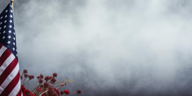 Feliz Día de los Veteranos Banderas estadounidenses en fondo de niebla azul