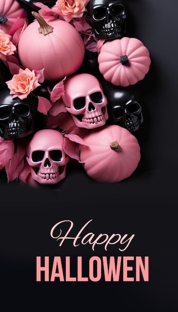 Feliz diseño de banner de Halloween en color rosa negro con calabazas y calaveras