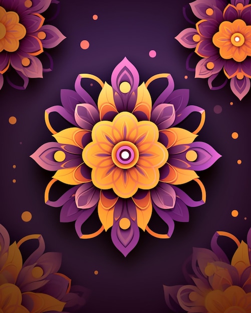 Feliz diseño de diwali con flores doradas y fondo morado